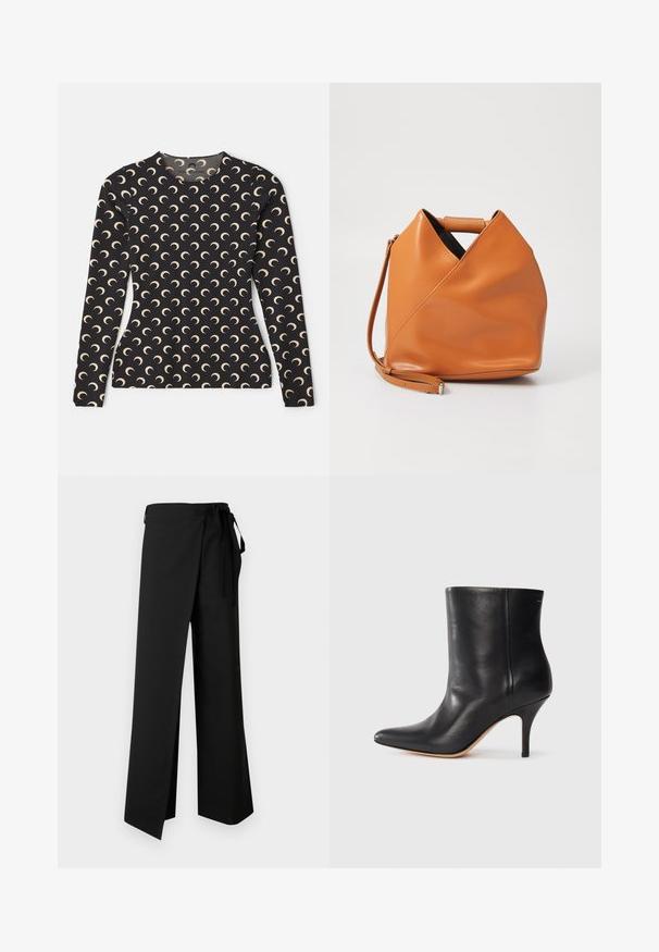 Long-sleeve black top with a repeated crescent moon pattern in beige. Features a round neck and smooth, stretchy fabric.; Black wide-leg pants with a tie waist, featuring a smooth texture and a front slit, designed for comfort and ease of movement.; Black leather ankle boot with pointed toe, slim stiletto heel, and smooth texture. Minimalist design with no visible hardware or accents.; Tan leather handbag with unique triangular fold design, top handle, and detachable shoulder strap on white background.
