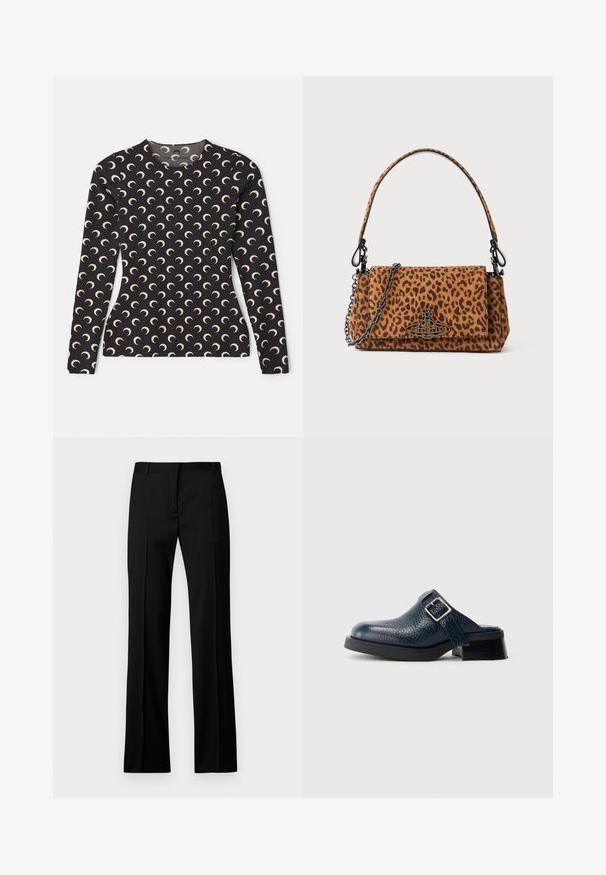 Camisola de manga longa preta com um padrão repetido de lua crescente em bege. Apresenta um decote redondo e um tecido liso e elástico.; Calças pretas de perna reta em tecido suave, com frente lisa, passantes para cinto e sem bolsos ou adornos visíveis.; Tamanco de couro azul marinho com acabamento texturizado, apresentando uma alça lateral e fivela prateada, assente em um baixo salto preto com sola robusta.; Bolsa de pele de leopardo feita de camurça, com uma alça curta, uma correia de corrente e um fecho de metal preto. Forma retangular com fecho de aba.