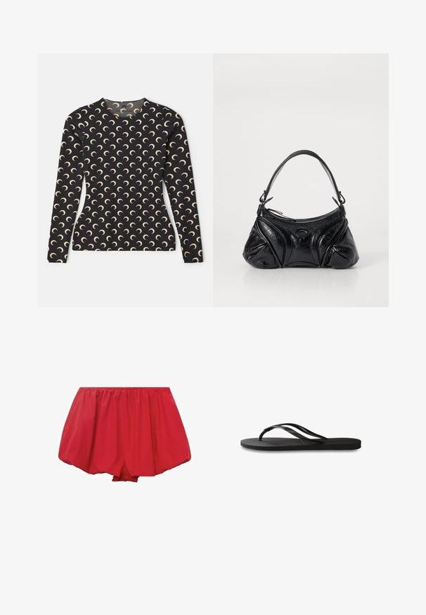 Bluză neagră cu mâneci lungi, decorată cu un model repetat de lună în formă de semilună, în nuanță bej. Are un guler rotund și un material neted, elastic.; Pantaloni scurți roșii, ușori, cu un tiv elastic. Prezintă un design liber, evazat și material gathered pentru o potrivire relaxată.; Încălțăminte tip flip-flop neagră cu o talpă din cauciuc texturat, două bretele subțiri și un detaliu discret, embosat cu logo pe bretea.; Geantă de mână neagră din piele texturată, cu o formă rotunjită. Dispune de o curea subțire pentru umăr și modele decorative în relief.