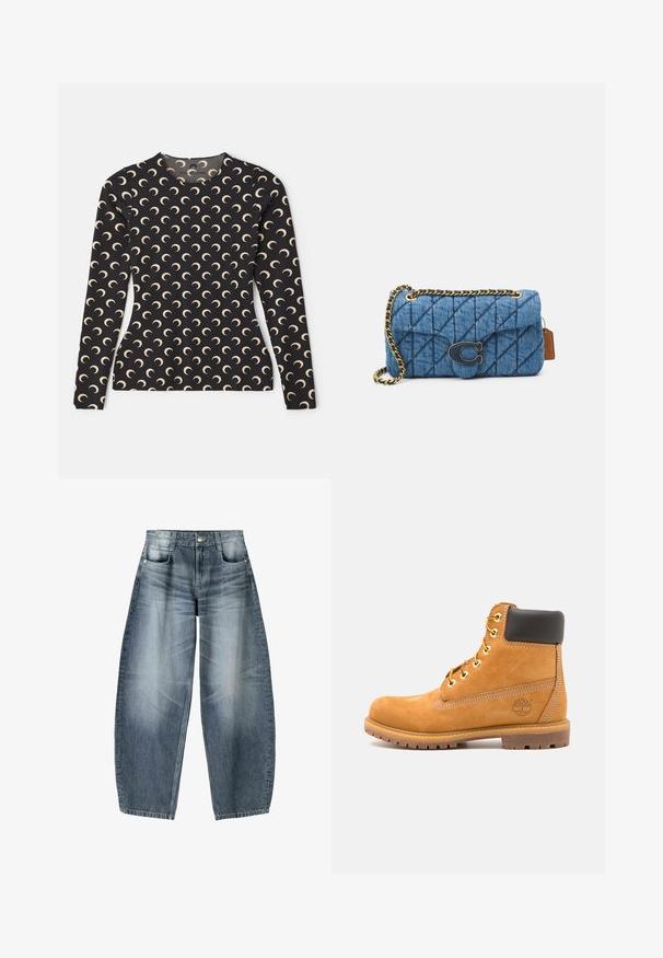 Hosszú ujjas fekete felső, bézs színű, ismétlődő félhold mintázattal. Kerek nyakkivágással és sima, rugalmas anyaggal rendelkezik.; Világoskék denim anyagból készült bővülő szárú farmernadrág, amelyen elhalványulások találhatók, öt zsebbel, gombos záródással és minimális varrási részletekkel.; Barna bőr bokacsizma fekete párnázással, arany fűzőszemekkel és textúrált talppal. Oldalán kör alakú logóval és díszítő varrással rendelkezik.; Kék steppelt farmer választható táska, arany lánc vállpánttal és egy kiemelkedő arany logóval az elején. Kompakt, téglalap alakú.