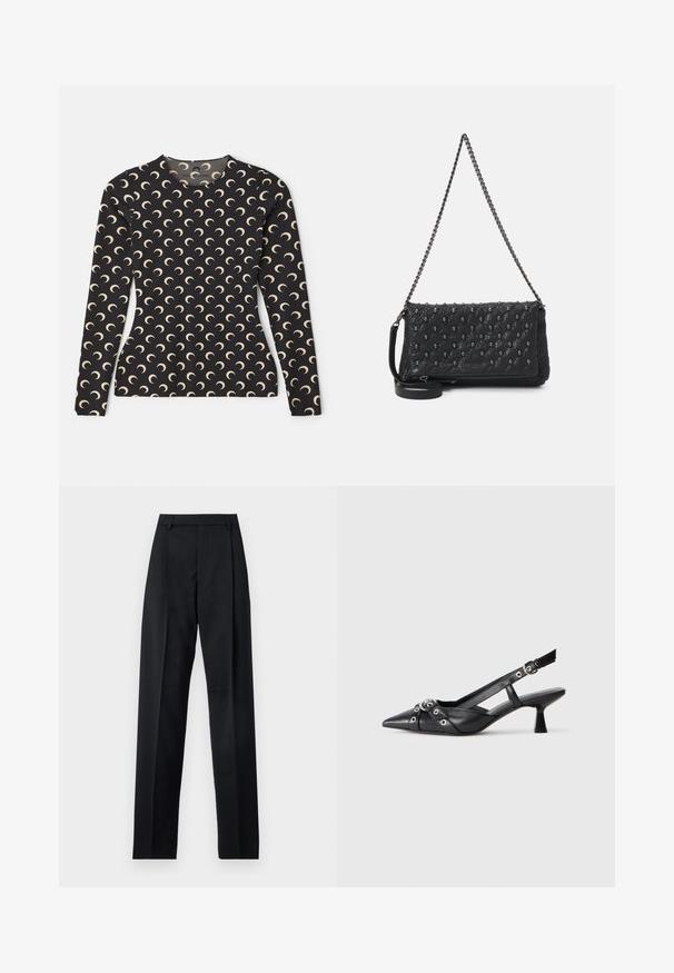 Hosszú ujjas fekete felső, bézs színű, ismétlődő félhold mintázattal. Kerek nyakkivágással és sima, rugalmas anyaggal rendelkezik.; Fekete nadrág sima anyagból, magas derékkal, széles lábakkal, elülső redőkkel és klasszikus övhurkokkal. Oldalzsebek nem láthatók.; Fekete bőr slingback cipő hegyes orral, dekoratív pántokkal, fém szemekkel és alacsony blokk sarkú. Texturált felület.; Fekete steppelt bőrtáska lánc pánttal, koponya díszítéssel és cipzáros záródással. Texturált felület, fényes befejezéssel.
