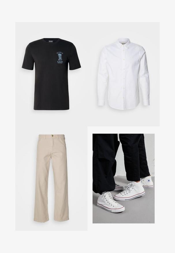 Melna kokvilnas T-kreklu ar īsām piedurknēm, kas piedāvā gaiši zilu grafiku ar kolonnu un uzrakstu "SCOTCH & SODA AMSTERDAM" kreisajā krūtī.; Balta ilga piedurkne pogājama krekla izgatavota no kokvilnas, ar strukturētu apkakli, smalku logotipus izšuvumu un gaiši brūnām pogām.; Bežīgas kokvilnas plašas bikses ar piecām kabatām, pogu aizdari un jostu cilpām; gluda tekstūra ar taisnu griezumu un apdari.; Baltas audekla augsti zābaki ar gumijas zoli, kas aprīkoti ar sudraba acīm un sarkaniem un tumši ziliem svītrām gar zoli.