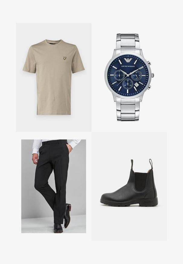 Lyle & Scott T-shirts basic - sage; Sorte dressbukser med en skræddersyet pasform, der har en glat tekstur, lige ben og bæltestropper, parret med polerede sorte dressko.; Sorte læder Chelsea-buk med elastiske sidepaneler, trækflik, robust gummisål og syet detaljer. Glat overflade hele vejen igennem.; Emporio Armani Kronograf - silver-coloured