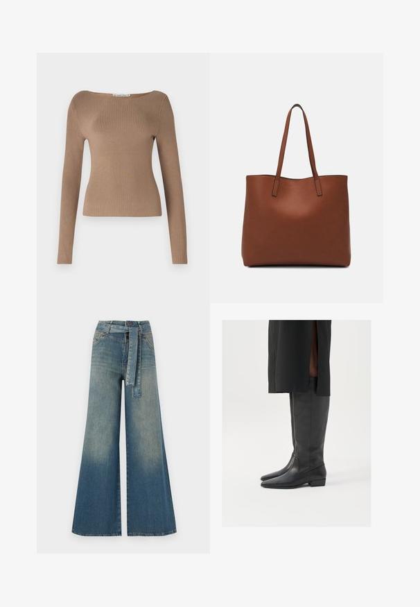 Ribbed long-sleeve top in a light brown color, featuring a wide neckline and a fitted design that contours to the body.; Wide-leg denim trousers featuring a light to dark blue gradient, high waist, belt loops, and a matching fabric belt. Textured denim finish.; Black knee-high boots made of smooth leather with a pointed toe and low block heel; minimal stitching and sleek design.; Brown leather tote bag with a smooth texture, open top design, and two shoulder straps. Features minimal stitching and no visible hardware.