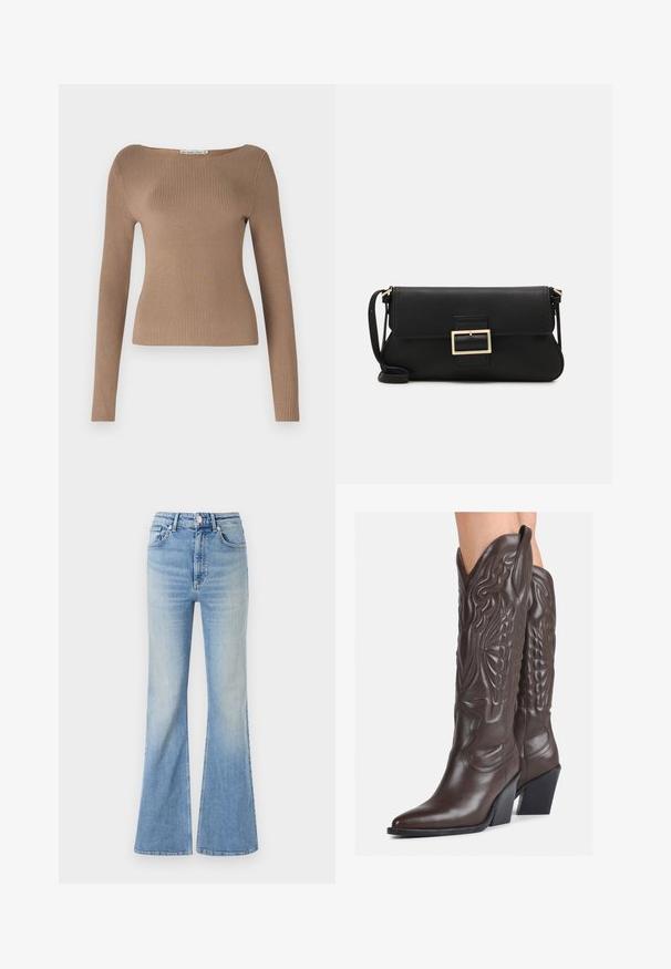 Prążkowana bluzka z długim rękawem w jasnobrązowym kolorze, z szerokim dekoltem i dopasowanym krojem, który podkreśla sylwetkę.; Jasnoniebieskie dżinsy w kształcie dzwonów, wykonane z denimu, z wysokim stanem, pięcioma kieszeniami i delikatnym gradientowym blaknięciem w kierunku dołu nogawki.; Brązowe skórzane kowbojki z noskiem w kształcie migdała i blokowym obcasem, z detalicznym przeszyciem i podniesionymi akcentami na cholewce.; Czarna skórzana torebka kopertowa z klapką i detalem w postaci złotej metalowej klamry. Zawiera czarny pasek oraz elegancki, minimalistyczny design.; Srebrne kolczyki w kształcie obręczy z skręconym wzorem, z polerowanym wykończeniem i zapięciem na sztyft. Mają średnicę około 3 cm.