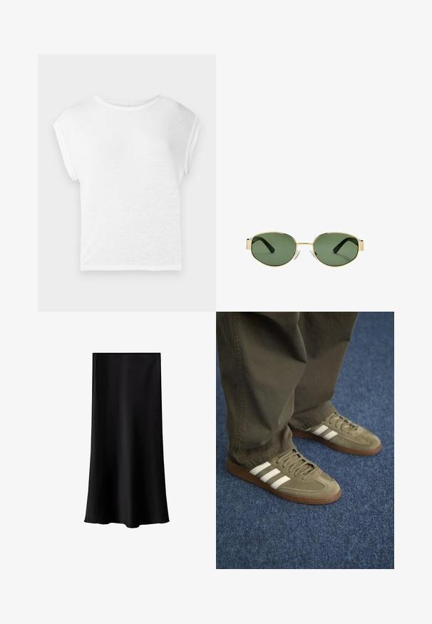 T-shirt bianco a maniche corte con scollo rotondo. Tessuto morbido e leggero, vestibilità comoda, con maniche a cappuccio e orlo dritto.; Gonna midi nera realizzata in tessuto liscio e leggero. Presenta una linea dritta, senza componenti visibili e un design semplice senza fantasie.; Sneaker in suede verde con tre strisce bianche, suola in gomma marrone e lacci texturizzati, abbinati a pantaloni verde oliva su un tappeto blu.; Occhiali da sole con montatura dorata e lenti verdi, forma ovale, stanghette nere e naselli trasparenti. Design pulito e minimalista.; Borsa a tracolla verde oliva con doppie maniglie, texture liscia e accento di logo metallico. Forma arrotondata con pannelli laterali; abbinata a pantaloni blu.