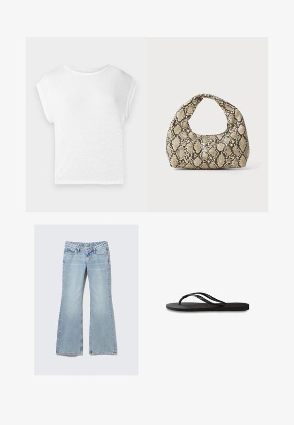 Biele tričko s krátkym rukávom a okrúhlym výstrihom. Mäkkučký, ľahký materiál, voľný strih, s krátkymi rukávmi a rovnými okrajmi.; Weekday NOVA - Slimfit džínsy - lip blue; Čierne žabky s textúrovanou gumovou podrážkou, dvoma štíhlymi popruhmi a diskrétnym embosovaným logom na popruhu.; Kabelka s hadím vzorom a zakriveným rukoväťou. Vyrobená z textúrovaných béžových a hnedých materiálov, s charakteristickým diamantovým vzorom.