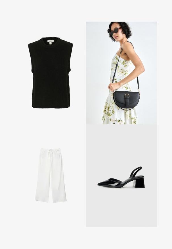 Schwarzer ärmelloser Pullover aus weichem Material, mit Rundhalsausschnitt und lockerer Passform. Einfaches und unauffälliges Design.; Weiße, weite Hosen aus weichem Stoff, mit einem Kordelzug in der Taille und zwei vorderen Taschen. Glatte Textur und keine sichtbaren Muster.; Schwarze Lackleder-Slingback-High Heels mit spitzem Schuh und einem geometrischen Blockabsatz. Verfügt über ein schlankes, minimalistisches Design und eine glatte Textur.; Schwarze Lederhandtasche mit geschwungener Form, abnehmbarem Tragegurt und goldenen Beschlägen. Die Tasche verfügt über einen Deckel mit einer Schnallen-Details.
