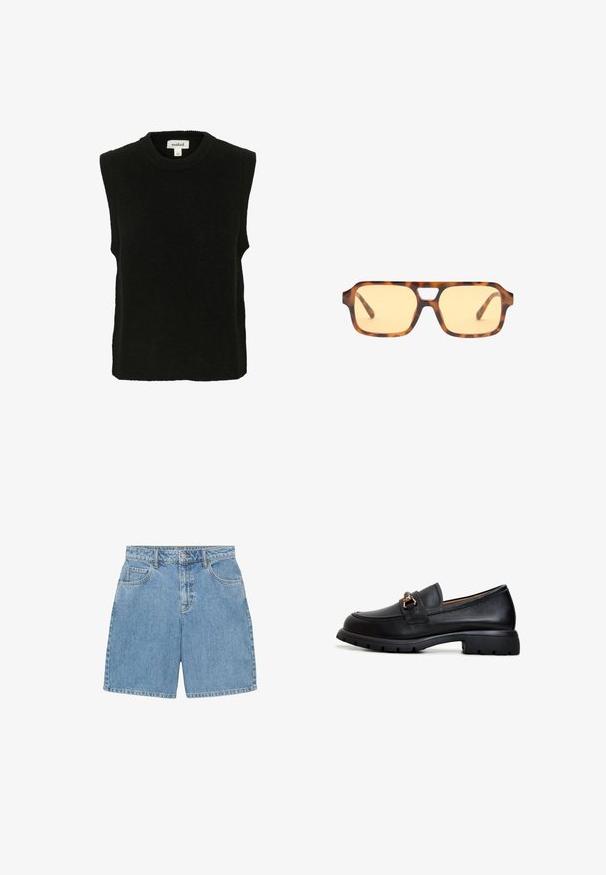 Zwarte mouwloze trui, gemaakt van een zachte stof, met een ronde hals en een relaxte pasvorm. Eenvoudig en onopgesmukt ontwerp.; Lichtblauwe denim shorts met een hoge taille, vier zakken en zichtbare stiksels. Gemaakt van gestructureerde denimstof.; Zwarte leren loafer met een ronde neus, decoratieve gouden hardware en een stevige rubberen zool met een geprofileerd grippatroon.; Schildpadvormige zonnebril met geel getinte lenzen, rechthoekige vorm en een kenmerkende uitsparing in de brug. Textuurarmen maken het ontwerp af.; Marineblauwe leren handtas met een gladde afwerking, met een ronde vorm, gevouwen bovenkant en een enkele schouderband. Inclusief zilveren accenten.; Drie haarscrunchies: één van zwarte stof, één van witte stof en één zwart met een textuurpatroon in zilver en randen. Zacht, gelijkmatig ontwerp.