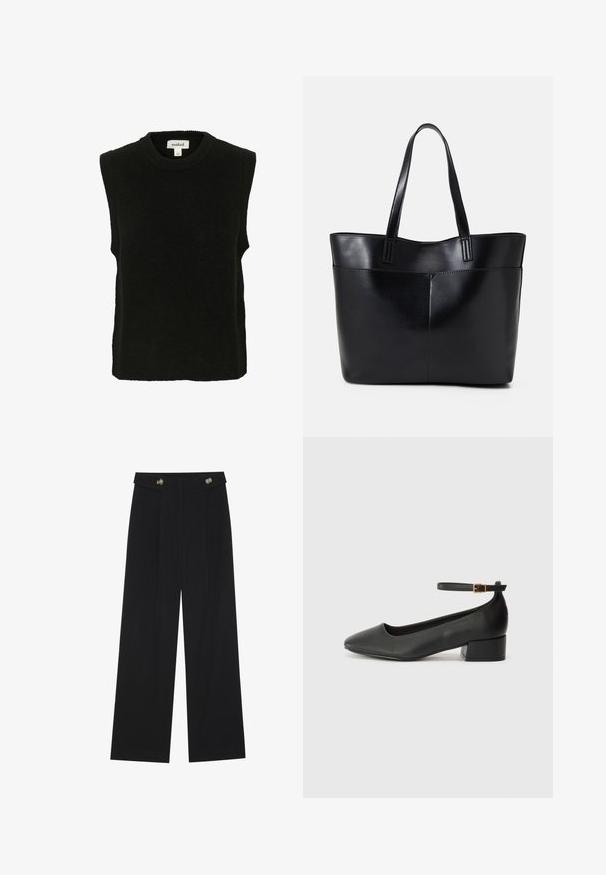 Musthave mustrta vest, mille pehme tekstuur, mida iseloomustab ümar kaelus ja mugav sobivus. Lihtne ja kaunistusteta disain.; Mustad laiad püksid kõrge vöökoha ja nööpdetailidega vööandil, esikortsudega.; Must mustaapp, millel on terav nina ja madal blokk-kand. Omab pahkluu rihma koos kuldse tooni pandlaga. Sile tekstuur.; Must mustaga musta nahast, millel on kaks pikka kanda, sile tekstuur ja struktureeritud kuju. Esipoolsel on lisakoti jaoks tasku.