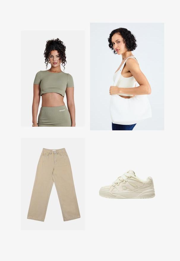 Oliwkowy prążkowany crop top z krótkimi rękawami, z okrągłym dekoltem i lekko skróconym dołem. W komplecie z pasującą spódnicą.; Beżowe spodnie typu wide-leg z denimu, z wysokim stanem, przednimi kieszeniami i kontrastującymi szwami. Projekt zawiera zapięcie na guzik.; Beżowe trampki z teksturowaną cholewką, wyraźnymi sznurowadłami, siateczkowymi panelami i grubą podeszwą. Krzywy design z wyściółką w okolicy kostki dla komfortu.; Biała torba na ramię wykonana z gładkiego materiału, z owalnym wycięciem i szerokim paskiem. Prosta i nowoczesna, bez widocznych elementów ozdobnych.