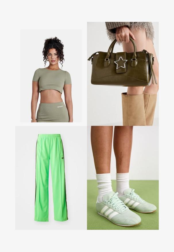 Olivenfarbiges, geripptes Crop-Top mit kurzen Ärmeln, das über einen runden Ausschnitt und einen leicht gekürzten Saum verfügt. Begleitet von einem passenden Rock.; Grüne Sporthose aus glattem, leichtem Material, mit schwarzen Seitestreifen und einem gestickten Logo auf der Vorderseite.; Mintgrüne Sportschuhe mit weißen Streifen, glatte Ledertextur, runde Zehenkappe und Gummisohle, kombiniert mit weißen gerippten Socken.; Olivgrünes Kunstlederhandtasche mit silbernem Sternakzent, doppelten Griffen und einem Reißverschluss. Strukturierten Form und texturierten Oberfläche.