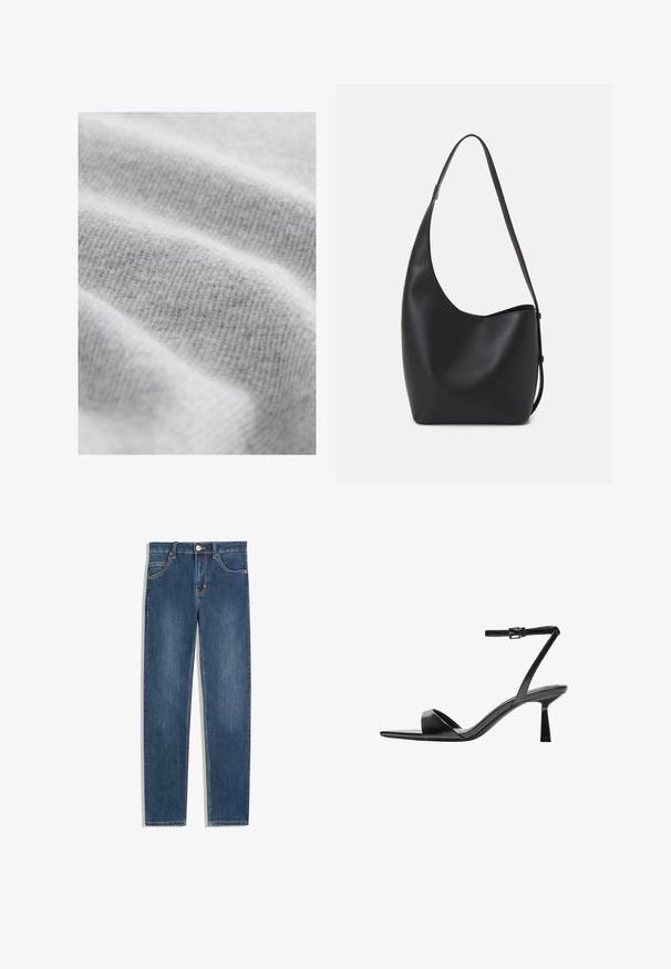 Svetlosiva tkanina s teksturiranim, rebrenim uzorkom; mekana i blago dlačasta površina, prikazujući glatke, tekuće nabore.; Tamno plave traperice sa ravnim krojem, pet džepova, suptilnim detaljima u šivanju i metalnim gumbom u struku.; Bershka Sandale s visokom petom - black; Crna kožna hobo torba s glatkom teksturom, zakrivljenim oblikom i jednom podesivom trakicom; ima širok otvor na vrhu.