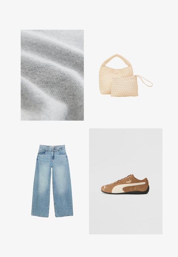 Tessuto grigio chiaro con un motivo testurizzato a righe; superficie morbida e leggermente pelosa, che mostra pieghe morbide e fluide.; Jeans a gamba larga blu chiaro con vita alta, due tasche anteriori, chiusura con zip e cravatta in tessuto in vita. Texture denim classica.; Sneaker bassa in suede marrone con accenti crema, superficie texture, suola in gomma nera e logo ricamato sul lato e sulla linguetta.; Set di borse intrecciate di colore crema, composto da una borsa più grande con una maniglia rotonda e una pochette più piccola con tracolla, entrambe con una texture uniforme.