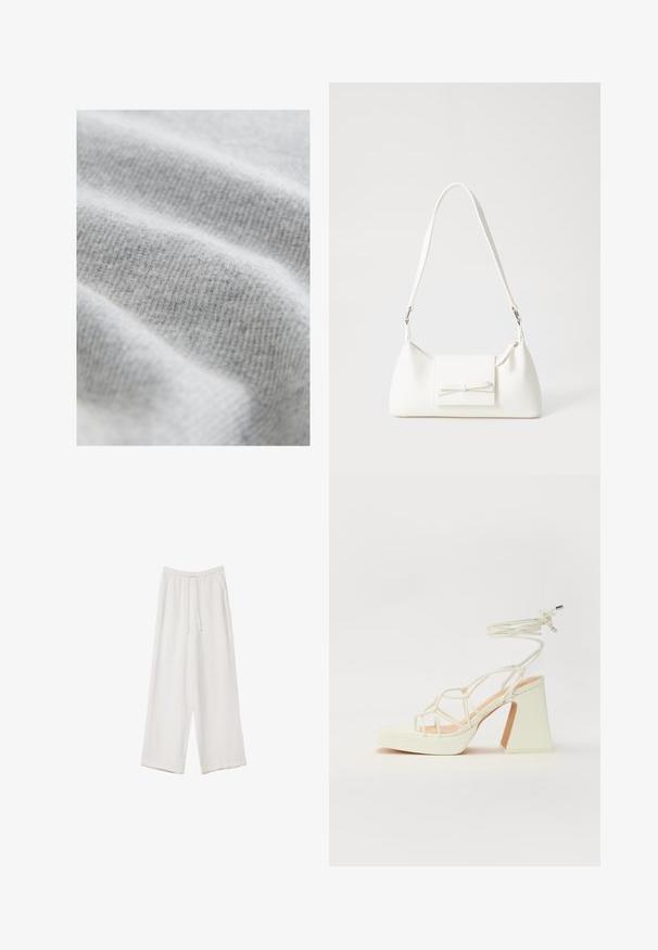 Tissu gris clair avec un motif texturé en côtes ; surface douce et légèrement duveteuse, présentant des plis lisses et fluides.; Pantalons larges blancs en tissu léger. Dotés d'une taille élastique avec cordon de serrage et de poches latérales. Texture lisse.; Sandale blanche à talons hauts avec un talon épais, présentant un design à lanières et un lien autour de la cheville. Texture lisse avec une plateforme à l'avant pour une hauteur supplémentaire.; Sac à main synthétique blanc en forme triangulaire, avec un rabat avant plat et un détail en nœud, une bandoulière ajustable, une texture lisse et un design minimaliste.