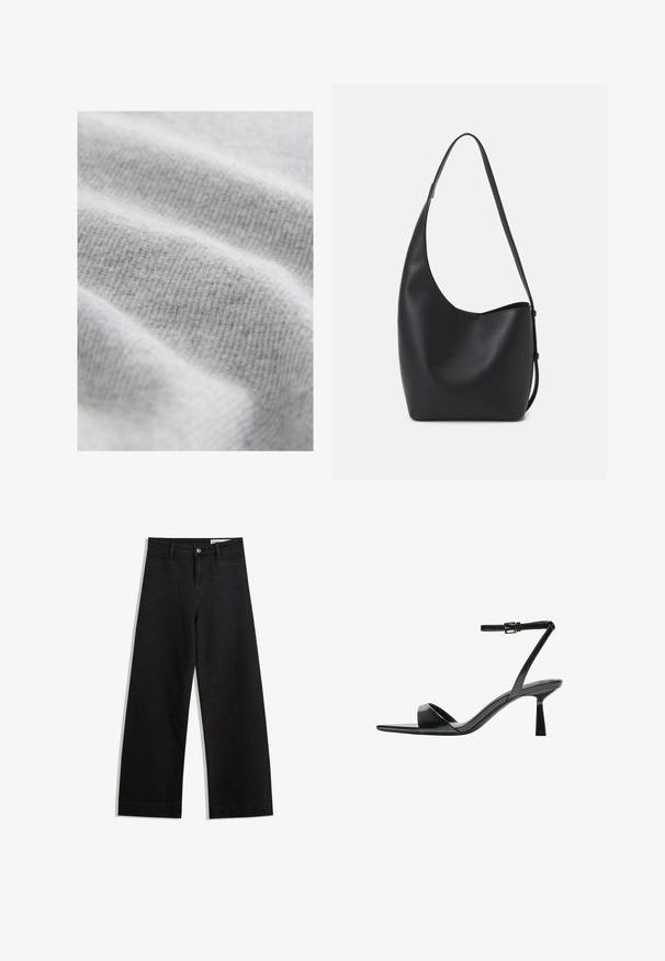 Tessuto grigio chiaro con un motivo testurizzato a righe; superficie morbida e leggermente pelosa, che mostra pieghe morbide e fluide.; Pantaloni in denim neri a gamba larga con vita alta, dotati di tasche anteriori e posteriori, cuciture a punto, e chiusura con bottone. Texture liscia.; Bershka Sandali con tacco - black; Borsa hobo nera in pelle con una superficie liscia, forma curvata e una singola tracolla regolabile; presenta un'ampia apertura nella parte superiore.