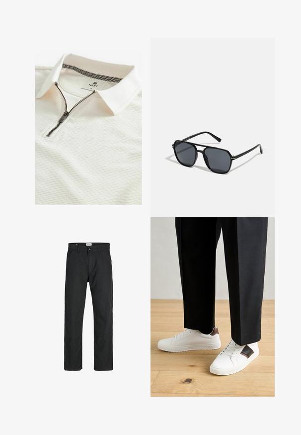 Bílá polokošile s texturovaným vzorem, zipovým zapínáním a kostičkovaným límcem uvnitř. Etiketa nese nápis "NEXT" a velikost "M."; Černé kalhoty vyrobené z odolné tkaniny, s rovnými nohavicemi, šitými akcenty a dvěma předními kapsami pro praktičnost.; Bílé tenisky s hladkým povrchem, s hnědými koženými akcenty a černými detaily, kombinované s černými kalhotami na míru. Pozadí tvoří dřevěná podlaha.; Černé sluneční brýle s osmiúhelníkovým rámem, tmavými čočkami, lesklým povrchem, tenkými nožičkami a zlatými akcenty na přední části.