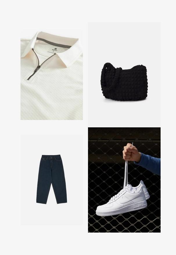 Fehér polo ing texturált mintával, cipzáras záródással és kockás színnel a gallér belső részén. A címke "NEXT" feliratú, mérete "M".; Sötétkék, magas derekú farmernadrág, laza fit kialakítással, öt zsebbel és gombos záródással. Simaságot adó denim anyagból készült.; Fehér bőr sportcipők perforációval, kerek orral, lapos talppal és vastag fűzőkkel, látható swoosh logóval és "AIR" felirattal a sarokrészen.; Fekete szövet táska texturált, steppelt mintával. Kerek formájú, rövid, vastag fogantyúkkal és puha, rugalmas szerkezettel.