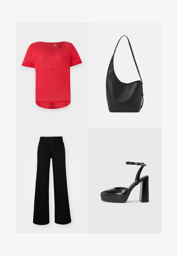 Crvena majica kratkih rukava od laganog materijala. Ima ovalni izrez i blago zakrivljen rub. Meka tekstura s prozirnim izgledom.; Crne široke traperice s čvrstim pojasom, petljama za remen i prednjim džepovima. Gladak teksturirani materijal s klasičnim dizajnom.; Crne platforme s potpeticom s oštrim vrhom i podešivom naramenicom. Izrađene od glatke kože, s masivnom blok petom.; Crna kožna hobo torba s glatkom teksturom, zakrivljenim oblikom i jednom podesivom trakicom; ima širok otvor na vrhu.