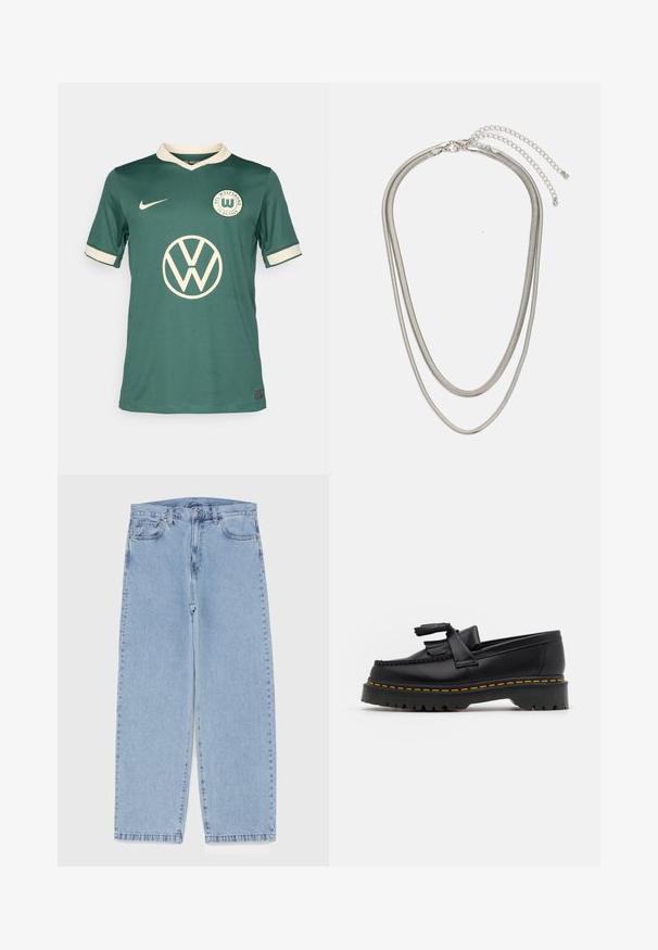 Roheline spordisärk, mis on valmistatud hingavast kangast, valge kaeluse ja varrukate aktsentidega. Särgil on silmapaistev Volkswageni logo ja klubi embleem.; Heled sinise denimi sirgete põlvede lõikega teksad, millel on keskmise kõrgusega vöökoht, viis taskut ning nööbid ja tõmblukk.; Mustmust musta loafer, millel on frantsiisi aktsent, paks must tald ja kollane õmblus servas. Tekstuuriga viimistlus.; Kolmekihiline hõbedane metallkaelakee, mis on valmistatud peentest, paindlikest kettidest kerge läikega, kinnitatud krabi sulguri ja reguleeritava ketiga.