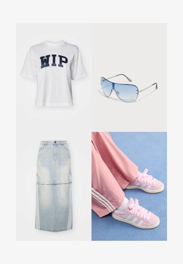 Camiseta de algodón blanca con mangas cortas, que presenta un estampado en azul marino de "WIP" en la parte delantera y un cuello redondo.; Falda midi de mezclilla en azul claro, con rayas laterales, una cinturilla ajustada y bolsillos frontales. La textura desgastada añade detalle.; Zapatillas deportivas rosas con rayas azul claro, puntera redonda y cordones gruesos rosas, combinadas con pantalones de chándal rosas que tienen rayas laterales blancas.; Gafas de sol tipo aviador con lentes azul degradado, montura de metal plateado y acentos decorativos de estrellas en los lentes. Diseño suave y elegante.