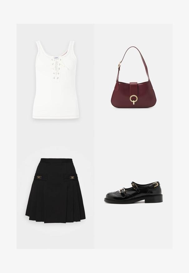 Top in cotone bianco a coste con scollatura rotonda, caratterizzato da un’apertura con lacci e occhielli metallici, rifinito con dettagli di cucitura a contrasto.; Gonna plissettata nera con dettagli in metallo dorato. Presenta tasche laterali con logo, realizzata in materiale liscio. Silhouette a forma di A.; Scarpe in pelle nera con dettagli brogue, dotate di due cinturini con fibbia, punta arrotondata e tacco basso. Texture liscia con finitura lucida.; Borsa a tracolla in pelle borgogna con forma curva, accentuata da un hardware oro circolare e una singola tracolla. Texture liscia, design minimalista.