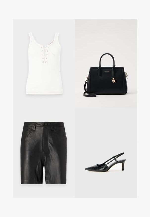 Top in cotone bianco a coste con scollatura rotonda, caratterizzato da un’apertura con lacci e occhielli metallici, rifinito con dettagli di cucitura a contrasto.; Pantaloni corti in pelle nera con una trama liscia, dotati di zip frontale, chiusura a bottone e classico design a cinque tasche.; Slingback con tacco in vernice nera con punta affusolata, caratterizzato da una stampa a serpente testurizzata, cinturino regolabile e un tacco corto e testurizzato.; Borsa a tracolla in pelle nera con design strutturato, manici superiori doppi, tracolla rimovibile, accessori in oro e charm con logo.