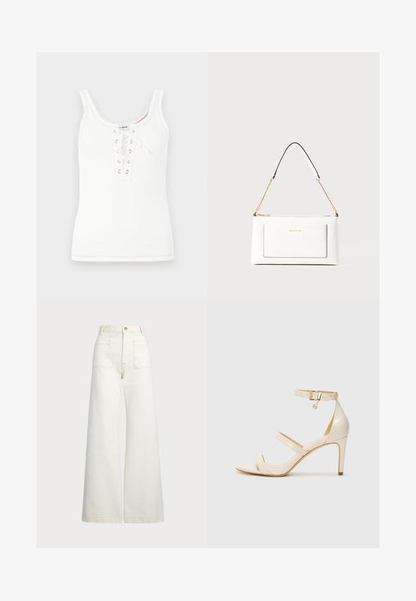 Valge ribadega särk, millel on pitsiga esiosa metallist silmadega ja ümmargune kaelus, lõpetatud kontrastsete õmbluse detailidega.; Laiad teksad heledast denimist. Kõrge vöökoht, nööbivöö, kaks esikotitäit ja kontrastsed õmblused.; Bežid kõrge kontsaga sandaalid koos õhukese pahkluu rihmaga ja kahe ülemise rihmaga. Läikiv lakkviimistlus ja kuldne detail pahkluurihmadel.; Valge nahast kott tekstureeritud viimistlusega, millel on kuldne kettling ja mustad aktsendid. Include eesmine tasku ja tõmblukk.