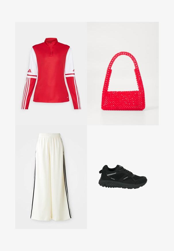 Czerwona koszulka sportowa z długim rękawem i wysokim kołnierzem, z białymi akcentami na rękawach oraz trzema białymi paskami wzdłuż rękawów. Posiada zamek błyskawiczny do połowy przodu.; Białe spodnie z szerokimi nogawkami, z elastycznym paskiem w talii i czarnymi pionowymi paskami wzdłuż zewnętrznych szwów.; Czarne, wodoodporne buty turystyczne z siateczkowymi panelami, teksturowaną podeszwą, okrągłym noskiem i odblaskowymi sznurowadłami. Posiadają logo oraz pętelkę na pięcie.; Czerwona torebka wykonana z plastikowych koralików, z kwadratową podstawą i zakrzywionym uchwytem. Powierzchnia ma teksturowane, błyszczące wykończenie z wzorem koralików.