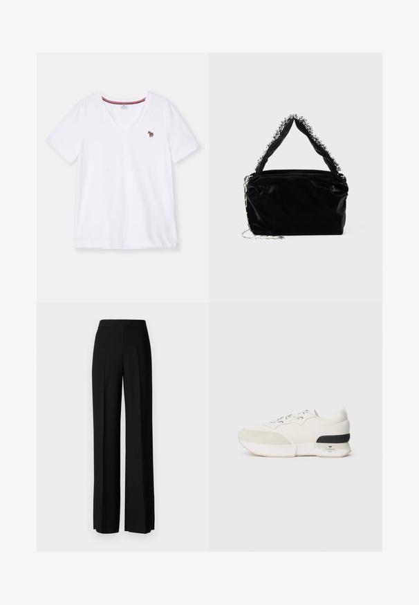 Hvid V-hals t-shirt lavet af bomuld, med korte ærmer og et lille, farverigt broderet zebra-logo på brystet.; Sorte vide benbukser med en glat tekstur, der har en høj talje og centerfolder. Ingen synlige mønstre eller hardware detaljer.; Hvide sneakers med en tekstureret suede tåspids, glat mesh-overdel, dekorative snørebånd og en sort gummihæl-accents.; Sort faux læder håndtaske med en tekstureret overflade, der har en perlesmykke i sølv langs det øverste håndtag og en kædestrop.