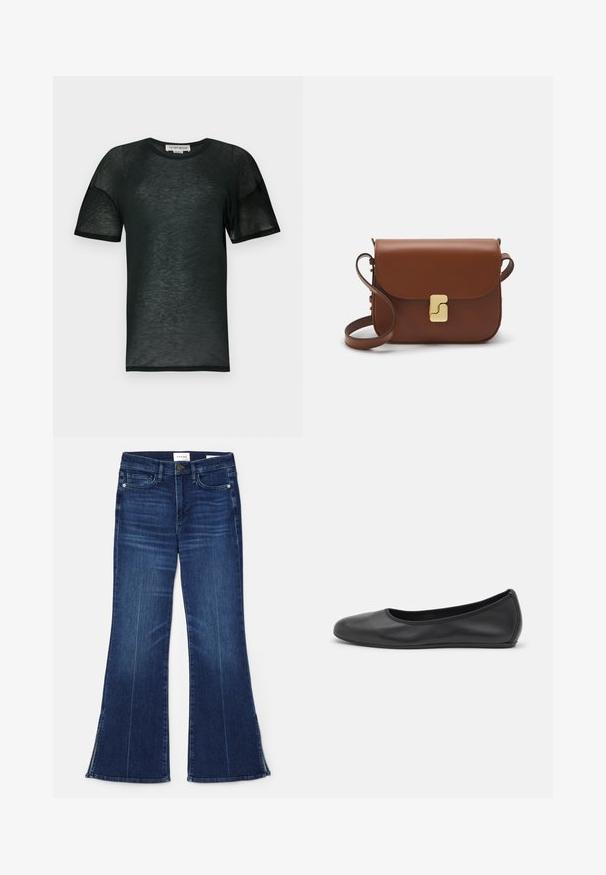 Černé tričko s krátkým rukávem vyrobené z průhledné tkaniny. Má kulatý výstřih, volný střih a jemnou texturu s pečlivě zpracovaným lemem.; Tmavě modré zvonové džíny vyrobené z denimu. Mají vysoký pas, přední kapsy a rozparky na lemu. Klasický design s pěti kapsami.; Černé kožené baletní byty s kulatou špičkou, hladkou texturou, minimálními švy a flexibilním designem podrážky.; Hnědá kožená kabelka s klopou, zlatými kovovými detaily, ramenním popruhem a hladkým povrchem. Kompaktní obdélníkový tvar.