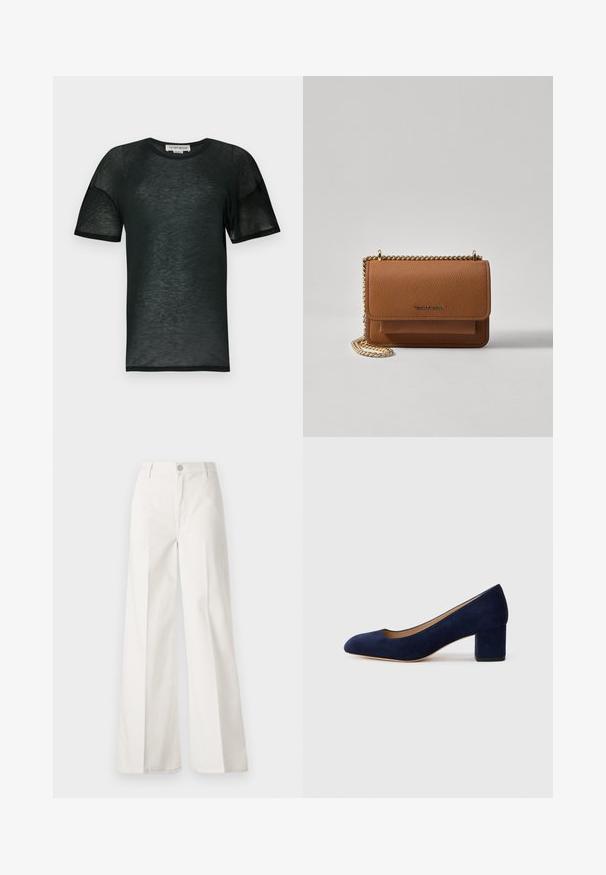 Camisa preta de manga curta feita de tecido transparente. Apresenta um decote redondo, um corte solto e uma textura subtil com um acabamento cuidado na bainha.; Calças largas brancas feitas de algodão com uma textura suave. Apresenta um botão frontal, fecho de correr e um design de quatro bolsos.; Salgados de camurça azul-marinho com bico fino e um salto quadrado de altura média. Textura suave com um ligeiro brilho e um pequeno corte na parte da frente.; Bolsa crossbody de couro texturizado castanho com alça de corrente dourada e fecho com aba. A parte da frente apresenta detalhe do logótipo e um bolso sob a aba.