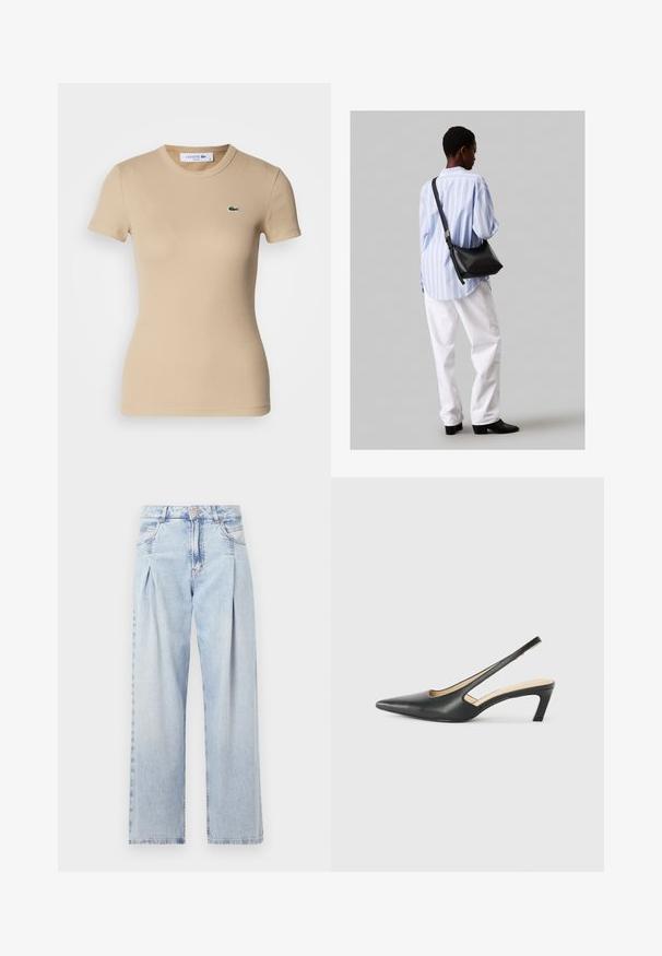 Beige ribota kokvilnas T-kreklis ar īsām piedurknēm, apaļu apkakli, pieguļošu formu un mazu zaļu Lacoste logo kreisajā krūtī.; Gaiši zilas džinsu bikses ar augstu jostasvietu, plats kāju griezumu, divām sānu kabatām un krokotā dizaina akcentiem. Mīksta tekstūra ar izdilušu apdari.; Melna, ar smailu purngalu, slingback kurpe ar zemu papēdi, izgatavota no gludas ādas materiāla un ar izgriezumiem sānos gaisa caurlaidībai.; Melna ādas plecu soma ar mīkstu tekstūru, trīsstūra formu un regulējamu siksnu, apvienota ar gaiši zilu svītrotu krekli un baltām biksēm.