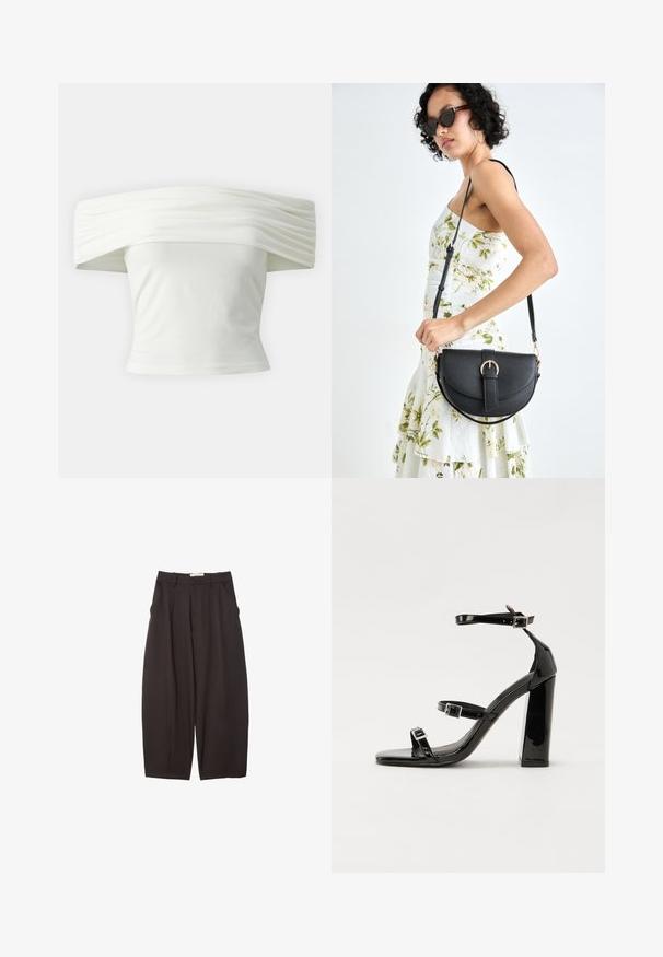 Biała bluzka na ramiączkach z plisowanym, ustrukturyzowanym dekoltem i dopasowanym fasonem. Wykonana z miękkiego materiału o gładkiej teksturze.; Czarne spodnie o szerokich nogawkach wykonane z gładkiego materiału, z wysokim stanem, plisami z przodu i bocznymi kieszeniami. Prosty fason bez zdobień.; Czarne lakierowane sandały na obcasie z kwadratowym noskiem, z paskami wokół kostki i srebrnymi klamrami. Posiadają masywny słupek dla stabilności.; Czarna skórzana torebka o zakrzywionym kształcie, z odpinanym paskiem i złotymi akcentami. Torebka posiada klapę z zapięciem w kształcie klamry.