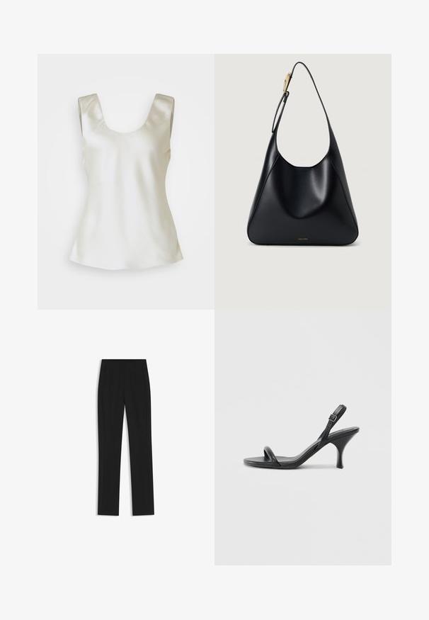 Top senza maniche in satin bianco con scollo rotondo, caratterizzato da una texture liscia e un orlo leggermente svasato per una vestibilità rilassata.; Pantaloni neri su misura con un design a gamba dritta, dotati di tasche frontali e un tessuto liscio e strutturato. Dettagli ordinati e minimalisti.; Sandali con tacco alto in pelle nera, con tacco sottile e curvo e design a fascia incrociata. Cinghia alla caviglia regolabile. Texture liscia.; Borsa a spalla in pelle nera con texture liscia, silhouette curva e dettagli in oro. Presenta il logo del brand impresso nella parte inferiore.