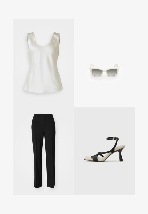 Satin witte mouwloze top met een ronde halslijn, met een gladde textuur en een licht uitlopende zoom voor een ontspannen pasvorm.; Zwarte op maat gemaakte broek met een recht model, voorzien van een soepele textuur en scherpe plooien aan de voorkant. Geen zichtbare hardware.; Zwarte hoge hak sandaal met een gevlochten bandontwerp, vierkante teen en verstelbare enkelband. Lichtbeige voetbed met een glanzende zwarte hak.; Zonnebril met een kat-oog ontwerp, witte plastic montuur, grijze graduerende lenzen en dunne pootjes met subtiele merklijn.
