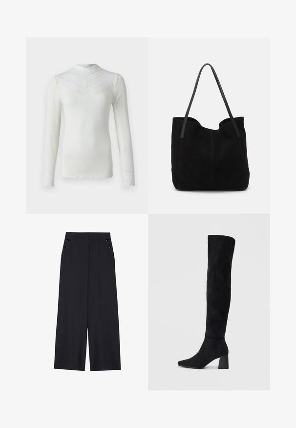 Rosemunde BENITA REGULAR T NECK - Long sleeved top - ivory; Wide-leg trousers in dark navy fabric, featuring a smooth texture, front pleats, and decorative gold-tone eyelets on the side pockets.; Black suede knee-high boot with block heel, pointed toe, and smooth, seamless design on a plain light background.; Black suede tote bag with two long, flat leather straps. Features a curved top edge and visible stitching along the front. No hardware accents.