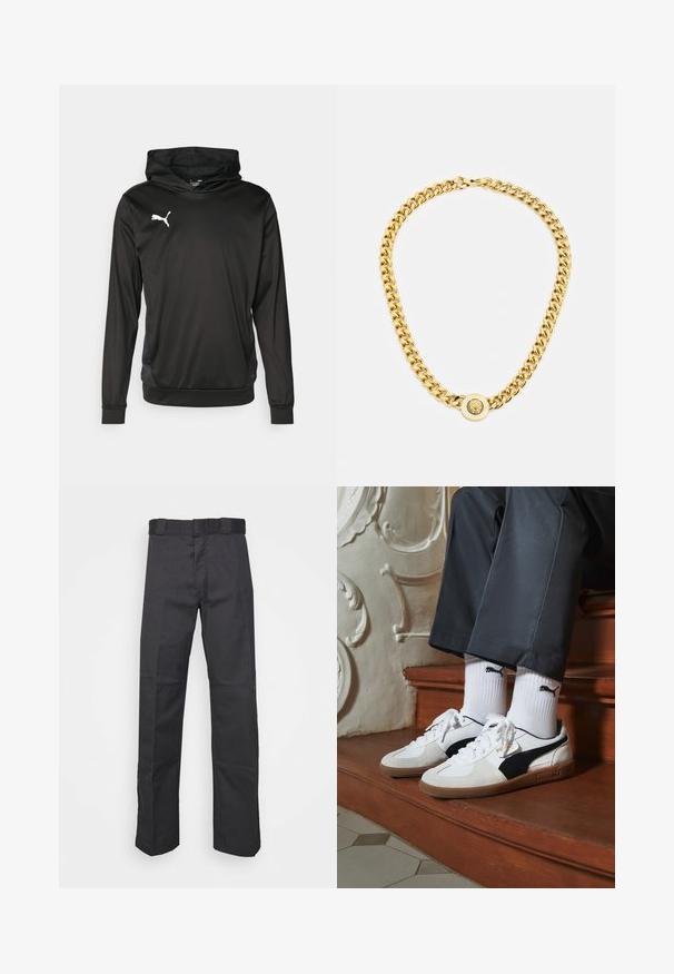 Melnas kapuces jaka, izgatavota no gludas auduma, ar garām piedurknēm, kangaroos stila kabatu un baltu logo uz krūtīm.; Melnas bikses, izgatavotas no izturīga auduma, ar taisnu kāju dizainu, jostu ar cilpiņām un šuvēm papildu tekstūrai.; Puma kedas baltā un melnā zamšā, ar brūnu gumijas zoli. Pāris ar baltām zeķēm, kurās redzams melns logo, nēsātas ar tumšām biksēm.; Zelta ķēdes kaklarota ar lielām savstarpēji savienotām saitēm, centrā ar apaļu piekari, kurā ir izcelts emblema.