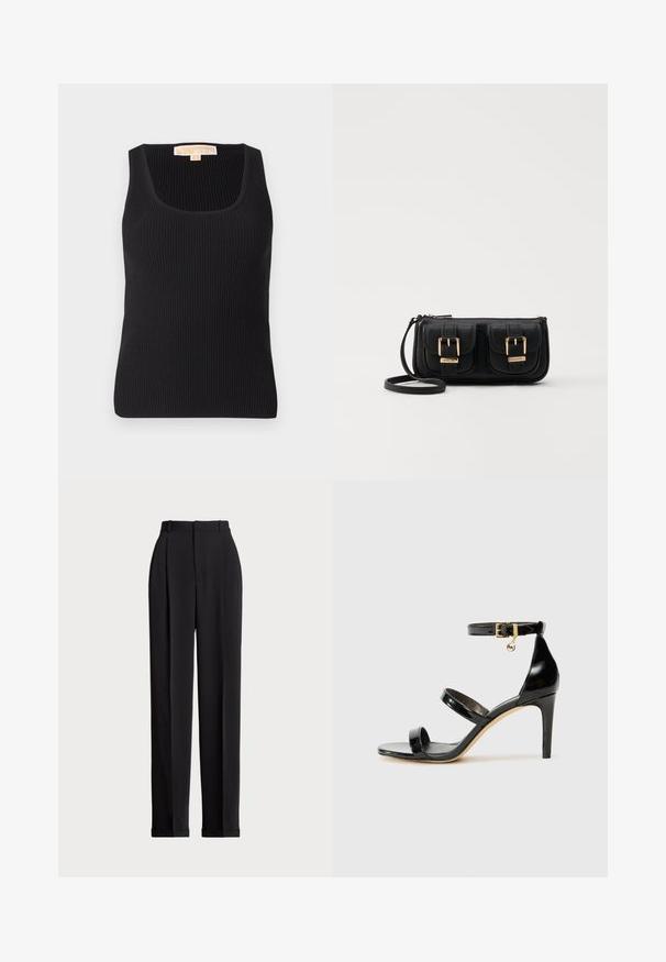 Sort ribbet tanktop med firkantet udskæring og tætsiddende silhuet. Glat tekstur med minimal detaljer og et label på ryggen.; Sorte skrædderbukser med høj talje, der har folder fortil, en lige benlængde og ombukket kant. Lavet af glat stof.; Sorte patenterede lædersandaler med tre stropper, ankelspænde og 10 cm stiletthæl. Har detaljer i guld og et logo charms.; Sort læder crossbody taske med to frontlommer, guldspænder, lynlåslukning og en slank rem. Struktureret overflade og kompakt rektangulær form.