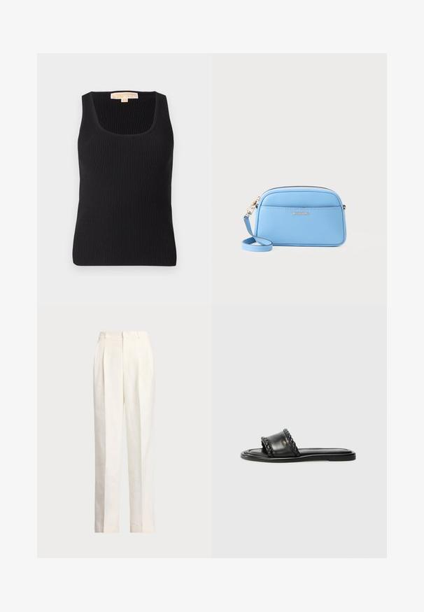 Fekete bordázott trikó, négyzet alakú nyakkivágással és formázott szilüettel. Sima textúra minimális részletekkel és címkével a hátoldalon.; Polo Ralph Lauren HEMP WIDE LEG PANT - Nadrágok - nevis; Fekete bőr szandál szőtt pánt részlettel, lapos talppal és letisztult dizájnnal. Sima textúra és minimalista profil.; Világoskék bőr keresztpántos táska aranyszínű fémszerelvényekkel, cipzáras záródással és elülső zsebbel. Állítható pánttal rendelkezik a kényelmes viselet érdekében.