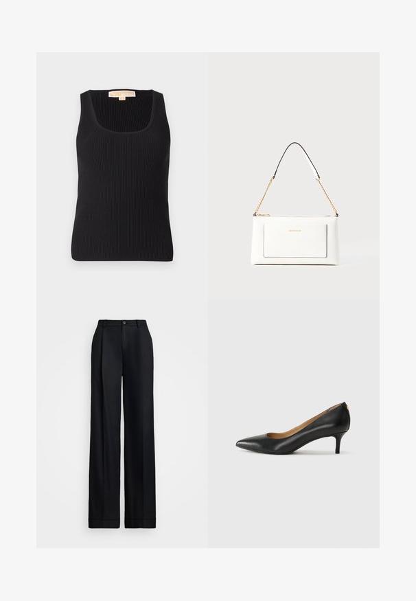Canotta nera a costine con scollatura quadrata e silhouette aderente. Texture liscia con dettagli minimi e un'etichetta sul retro.; Pantaloni neri a gamba larga con finitura liscia, davanti piatto, passanti per cintura e chiusura a un bottone in vita.; Décolleté in pelle nera con punta affilata, tacco basso e texture liscia. Presenta un leggero apertura sulla parte anteriore e hardware minimale sul retro.; Borsa a tracolla bianca in pelle con un finish testurizzato, dotata di una tracolla in catena dorata e accenti neri. Include una tasca frontale e una chiusura con zip.