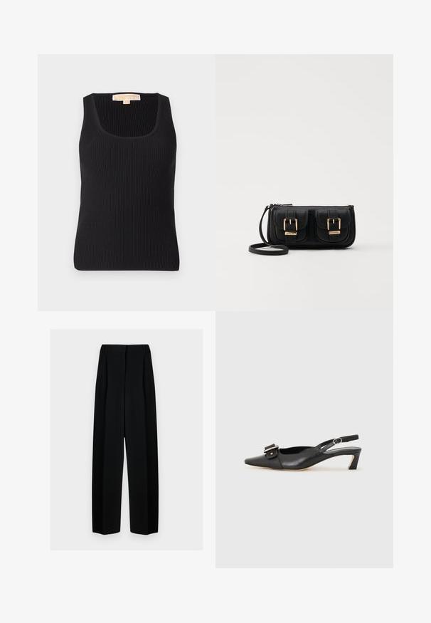 Juodas raštuotas rankovių marškinėlis su kvadratiniu iškirpimu ir prigludusia siluetu. Lygus paviršius su minimaliu dekoravimu ir etikete gale.; Juodos plačios kelnės su aukštu liemeniu, su klostėmis ir glotnia tekstūra. Medžiaga atrodo lengva ir dailiai krenta.; Juodas odinis slingback batelis su smailiu nosiu, maža pakulne ir dekoratyvine sagtimi viršuje. Lygus paviršius, minimalistas dizainas.; Juodas odinis per petį nešiojamas krepšys su dviem priekiniais kišenėmis, auksiniais sagtimis, užtrauktuko uždarymu ir siauromis petnešomis. Textūruota paviršius ir kompaktiškas stačiakampis formatas.