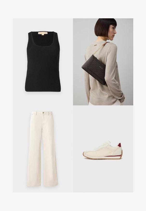 Black ribbed tank top featuring a square neckline and fitted silhouette. Smooth texture with minimal detailing and a label at the back.; Beige wide-leg pants made of cotton with a smooth texture. Features a button closure, front pockets, and a classic waistband design.; White sneaker with a smooth texture, featuring a maroon accent along the sole and a jagged rubber outsole for grip. Minimalist design.; Brown patterned clutch bag with gold hardware and a chain strap, worn on the shoulder over a beige sweater, featuring textured fabric.