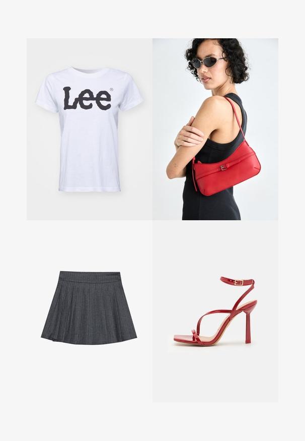 Vit bomullst-shirt med rund hals, korta ärmar och en stor svart "Lee"-logotyp tryckt på framsidan. Slät yta, standard passform.; Grårandig skaterkjol med en åtsittande midja, utsvängd A-linjeform och mjuk tygtextur. Vertikala linjer ökar den visuella intresset.; ALDO SCINTILLA - Sandaletter - red; Röd läderaxelväska med en slät yta, böjd design och en dekorativ spänneaccent. Justerbar rem och dragkedjestängning.; Guldtonade metallörhängen med en slät, rundad triangulär form och design med postback; reflekterande yta med minimal detaljering.