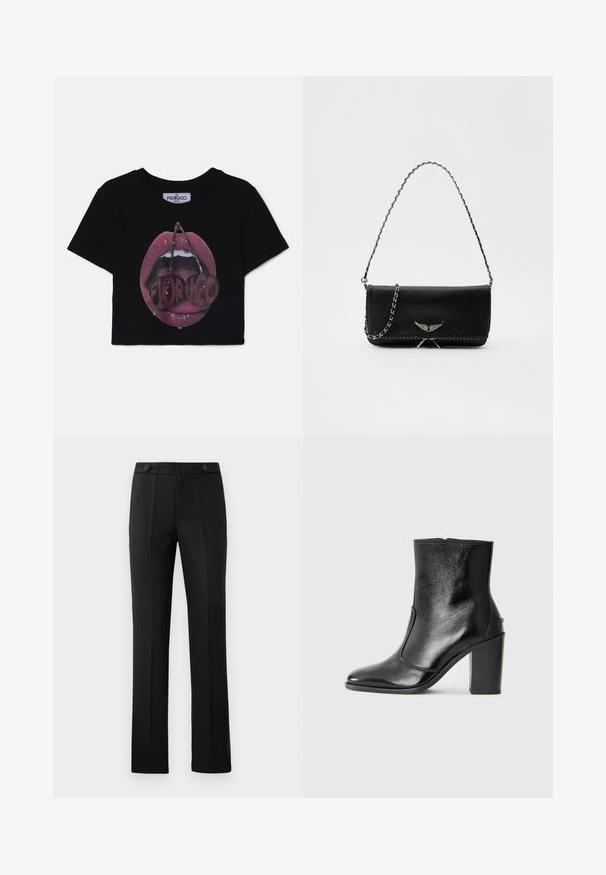 Fiorucci MOUTH CROPPED - Tričko s potlačou - black; Čierne nohavice na mieru so rovnými nohavicami, dvoma prednými vreckami, gombíkovým zapínaním a skladaním na prednej strane. Hladká textúra látky.; Čierna kožená kotníková obuv s hladkým povrchom, špicatou špičkou a masívnym vysokým podpätkom. Zdobená bočným otvorom a minimalistickým dizajnom.; Čierna kožená kabelka so strieborným reťazovým popruhom, so zdobnými krídelnými akcentmi a bielym prešívaním pozdĺž dolného švu.