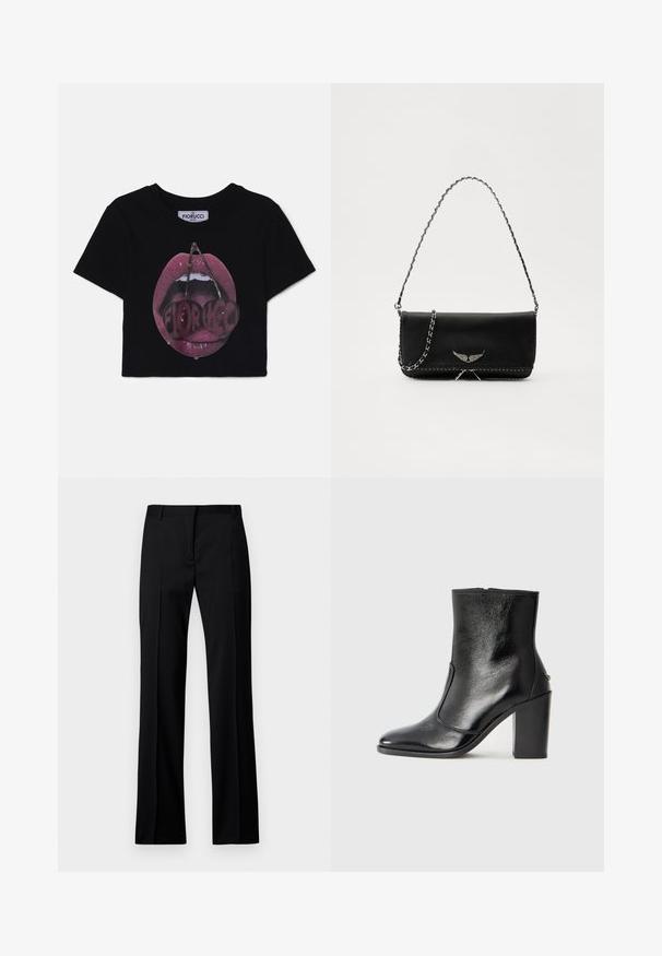 Fiorucci MOUTH CROPPED - T-shirts print - black; Sorte lige bukser i glat stof med flad front, bæltestropper og uden synlige lommer eller udsmykninger.; Sorte læder ankelstøvler med en glat overflade, spids tå og en chunky høj hæl. Har en sidelukning og minimalistisk design.; Sort læderhåndtaske med en sølv kædestrop, der har dekorative vingedetaljer og hvid syning langs bunden.
