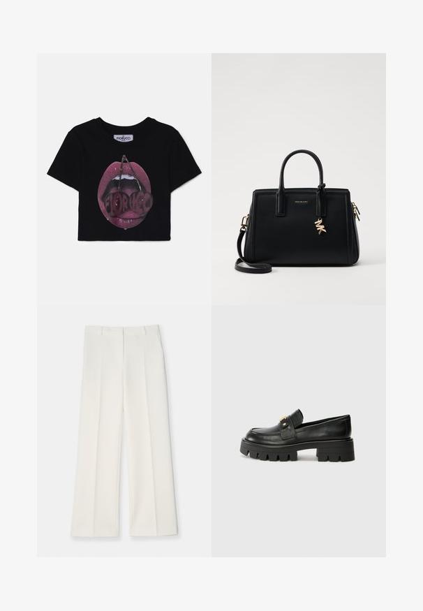 Fiorucci MOUTH CROPPED - T-Shirt print - black; Weite Hose aus leichtem cremefarbenem Stoff, mit einer glatten Textur, vorderen Falten und zwei Seitentaschen. Maßgeschneiderter Bund.; Schwarze Lederloafers mit einer klobigen Sohle, die an der Vorderseite ein goldfarbenes Akzent und eine glatte Oberfläche aufweisen. Klobiges Profil-Design auf der Sohle.; Schwarze Ledertasche mit strukturiertem Design, doppelten oberen Griffen, abnehmbarem Schulterriemen, goldfarbenen Beschlägen und einem Logo-Anhänger.