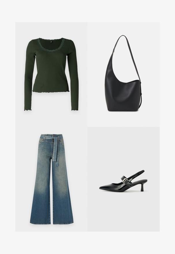 Long-sleeve, dark green ribbed top with a scalloped neckline and hem. Features lace detailing around the neckline for added texture.; Wide-leg denim trousers featuring a light to dark blue gradient, high waist, belt loops, and a matching fabric belt. Textured denim finish.; Black patent leather slingback heels with a pointed toe and a small block heel, featuring a silver buckle accent on the strap.; Black leather hobo bag with a smooth texture, curved shape, and single adjustable strap; features a wide opening at the top.