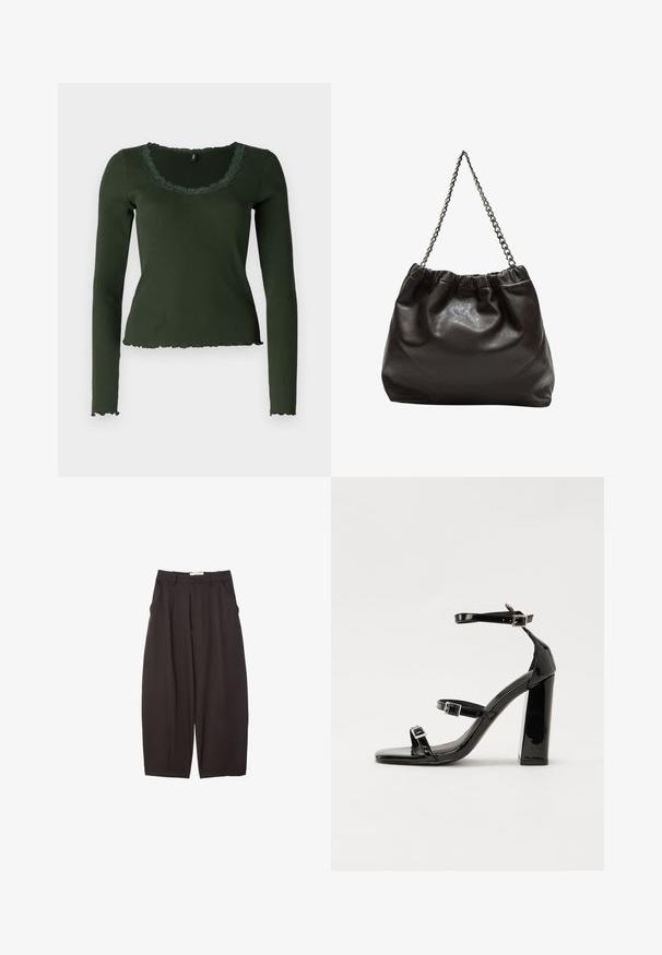 Dlhý rukáv, tmavozelený rebrovaný top s vlnitým výstrihom a lemom. Obsahuje čipkované detaily okolo výstrihu pre zvýraznenie textúry.; Čierne široké nohavice vyrobené z hladkej tkaniny, s vysokým pásom, prednými skladmi a bočnými vreckami. Jednoduchý dizajn bez ozdôb.; Čierne lakované sandále na podpätku so štvorcovou špičkou, navlečenými remienkami okolo členku a striebornými prackami. Disponujú masívnym blokovým podpätkom pre stabilitu.; Hnedá kožená taška so zberaným vrchom a reťazovým popruhom. Hladký povrch s lesklým finišom a jemným švom po stranách.