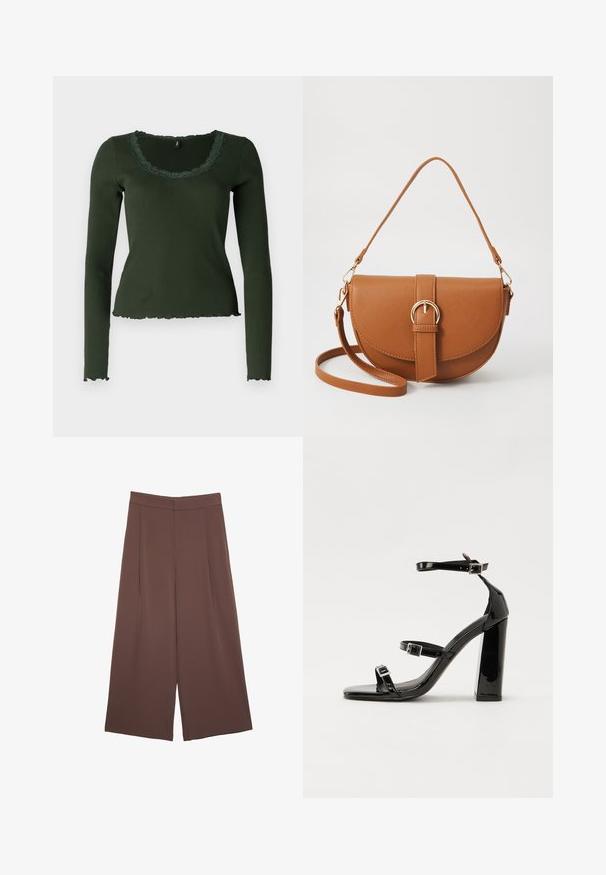 Långärmad, mörkgrön ribbad topp med en scalloped halsringning och nederkant. Har spetsdetaljer runt halsringningen för extra textur.; Bruna vida byxor med en slät textur, som har hög midja och framfickor. Tyget är lätt och flödar löst.; Svarta lackerade klacksandaler med fyrkantig tå, ankelremmar och silverfärgade spännen. Har en kraftig blockklack för stabilitet.; Brun läder crossbody-väska med en böjd form, gyllene detaljer och en spänneaccent. Har en avtagbar axelrem.
